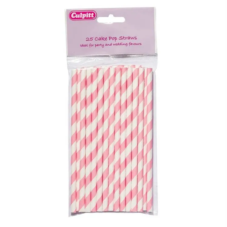 Culpitt růžové papírové špejle na lízátka a cake pops, balení 25 kusů, délka 15 cm, s růžovým spirálovým pruhem