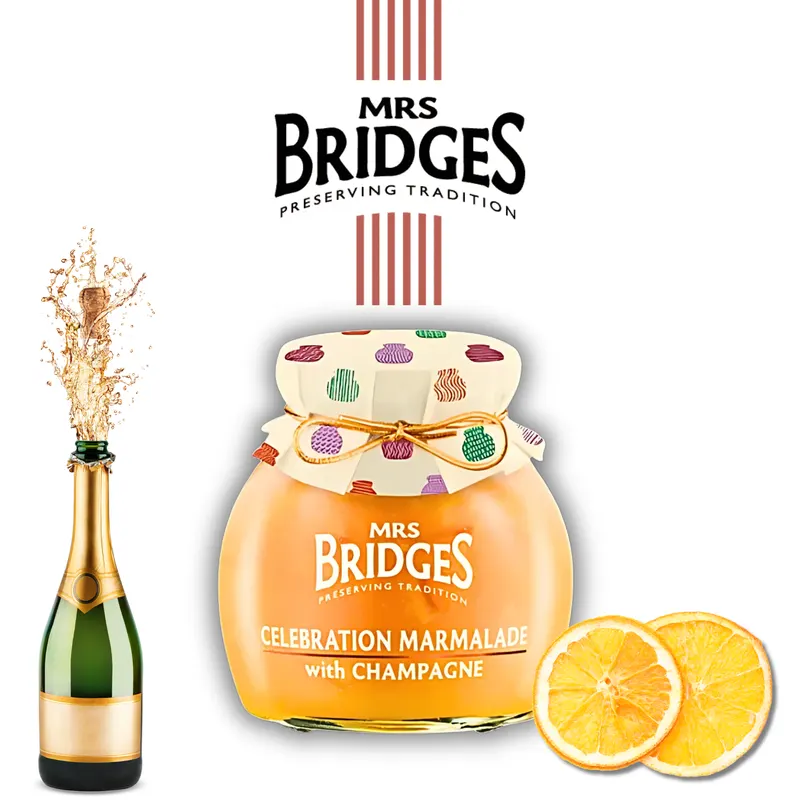 Tradiční skotská pomerančová marmeláda s šampaňským od značky Mrs. Bridges v kompaktní sklenici
