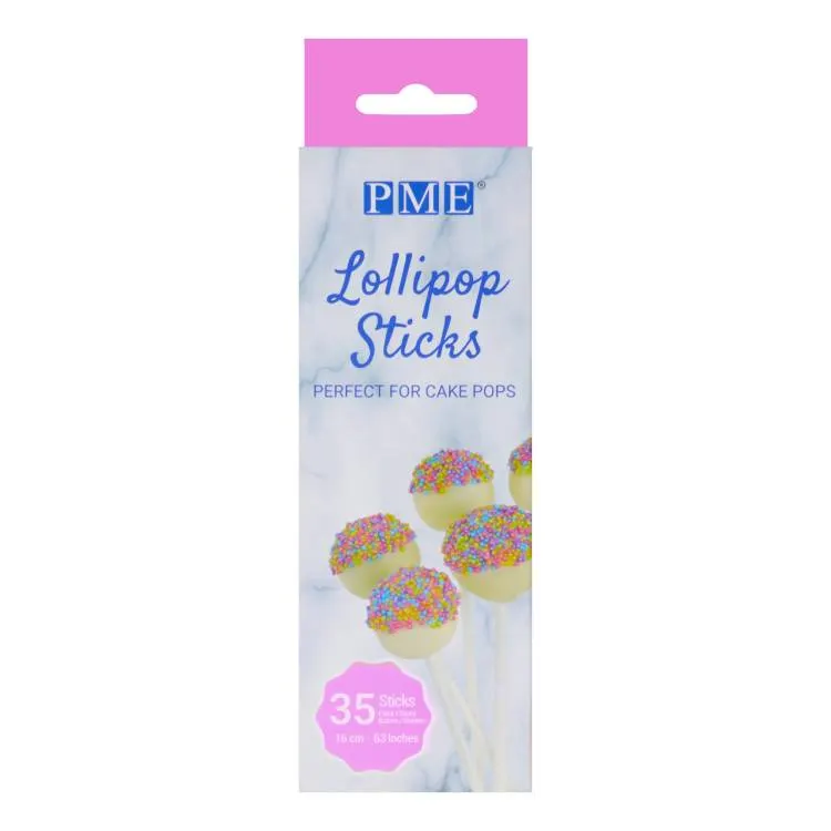 Bílé špejle na lízátka PME o délce 16 cm, balení 35 kusů pro lízátka, cake pops a nanuky
