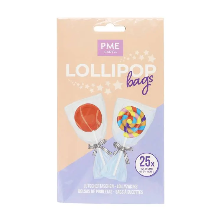 Průhledné sáčky PME na lízátka, 25 kusů se stříbrnými páskami k uzavření, rozměr 15,2 x 9,5 cm