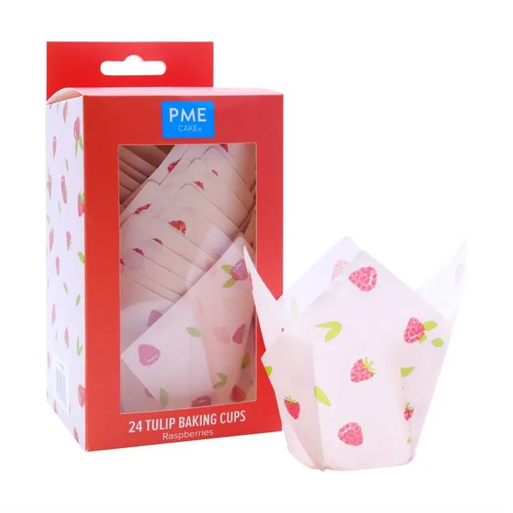 Papírové košíčky na muffiny PME v růžové barvě s motivem malin, balení 24 kusů