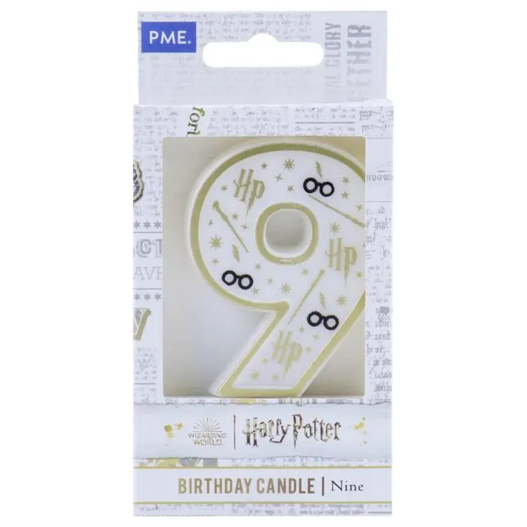 Dortová svíčka číslo 9 od PME v bílo-zlaté barvě s motivem Harry Potter, výška 6,8 cm