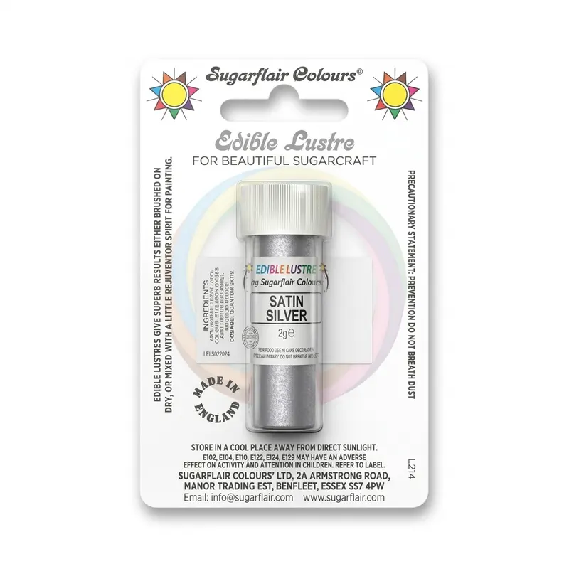 Jedlá prachová perleťová barva Sugarflair ve stříbrném odstínu Satin Silver, 2 g, k dekorování dortů a cukrářských výrobků