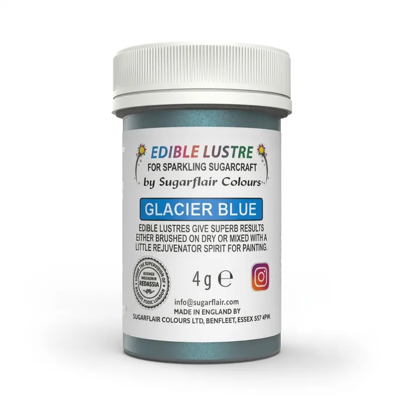 Prachový lesk Sugarflair Glacier Blue v modrém odstínu s perleťovým třpytem na zdobení dortů a cukrářských výrobků
