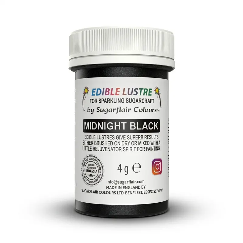 Prachový lesk Sugarflair Midnight Black v černé barvě s perleťovým efektem na zdobení dortů a cukrářských výrobků