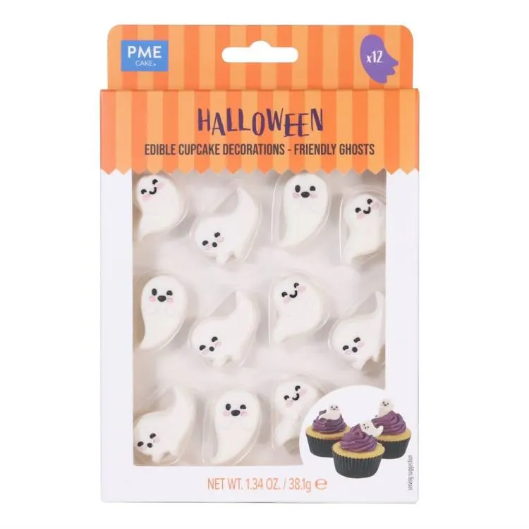 Cukrová dekorace PME duchové na dort a cupcakes, balení 12 kusů pro halloweenské zdobení