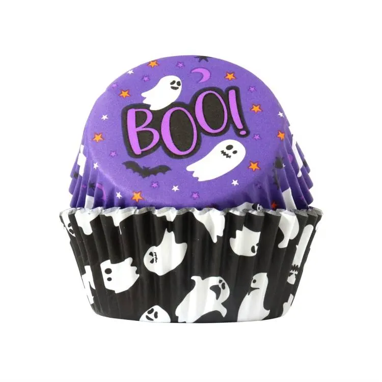 Halloweenské papírové košíčky PME s motivem duchů a alobalovým vnitřkem na muffiny, balení 60 kusů