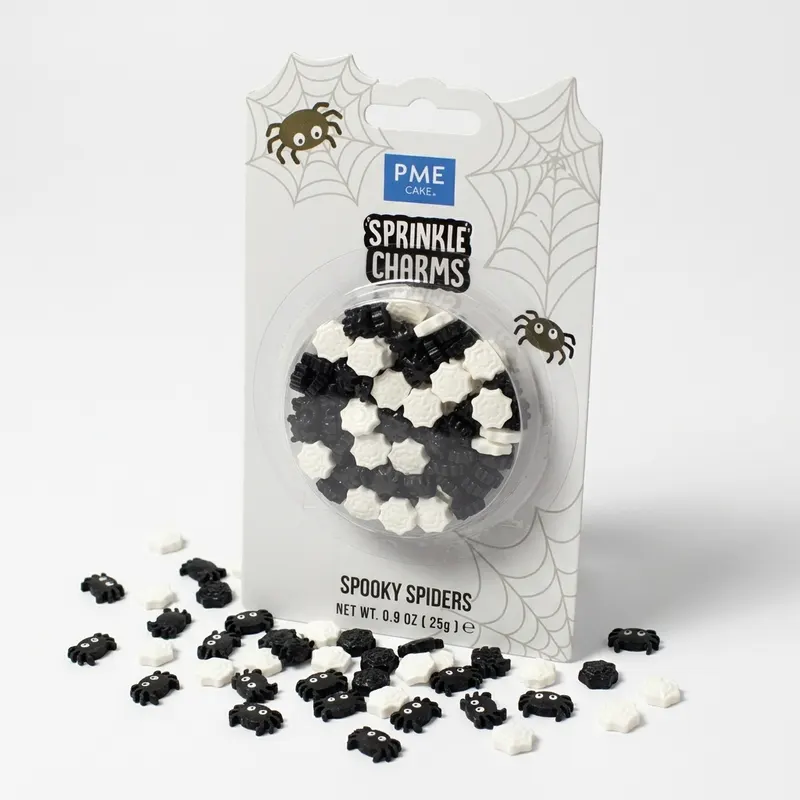 Cukrové dekorace pavouků a pavučin PME na zdobení halloweenských dortů a cukroví, balení 25 g