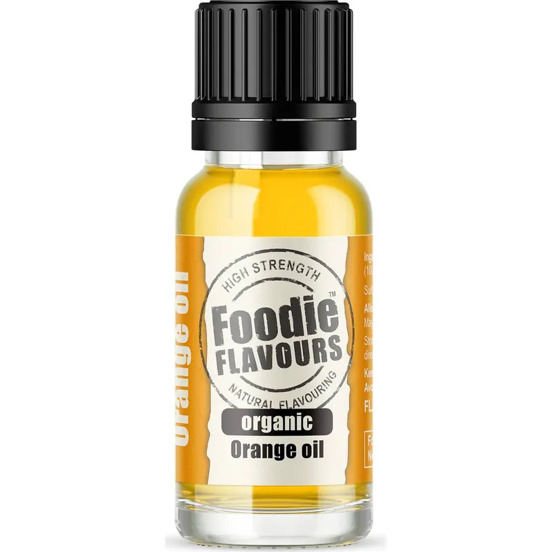 Přírodní koncentrované aroma s příchutí pomerančového oleje od značky Foodie Flavours v malé lahvičce o objemu 15 ml