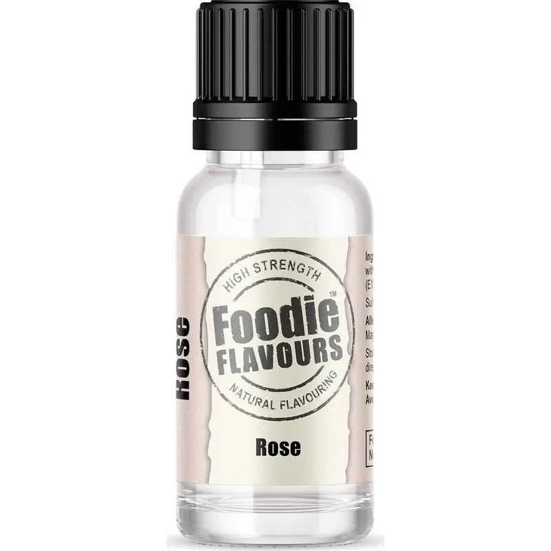 Přírodní koncentrované aroma Foodie Flavours s příchutí růže v lahvičce 15 ml pro ochucení krémů a pečiva