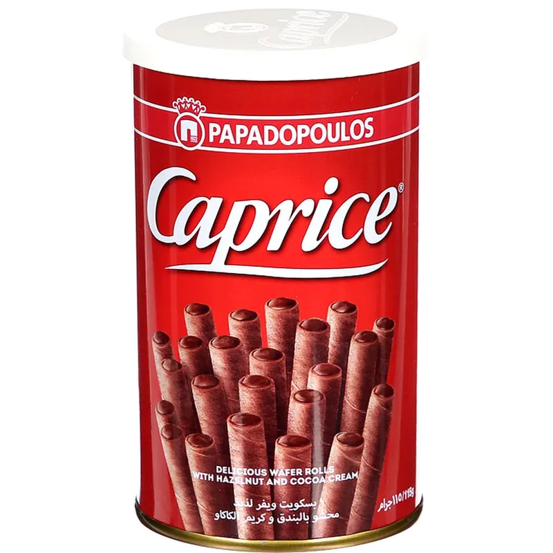 Řecké oplatkové trubičky Caprice Classic s čokoládovo-oříškovým krémem v plechovce o hmotnosti 115 g