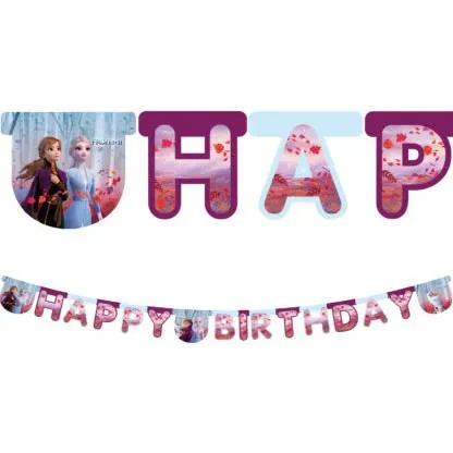 Papírová girlanda Happy Birthday s motivem Frozen od značky Procos, délka 2,3 m, na dětskou narozeninovou oslavu
