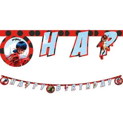 Girlanda s nápisem Happy Birthday a motivem Kouzelné berušky a černého kocoura z Miraculous, délka 180 cm