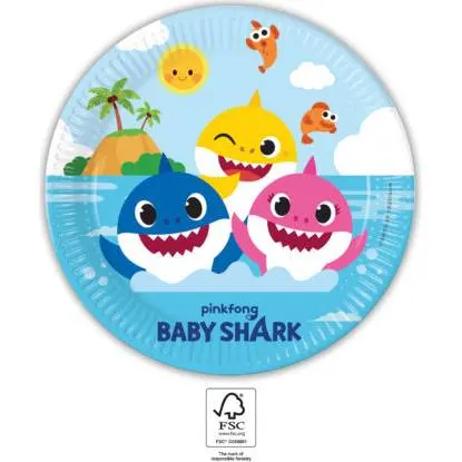 Papírové talíře s motivem Baby Shark od značky Procos, průměr 23 cm, 8 kusů v balení pro dětskou party