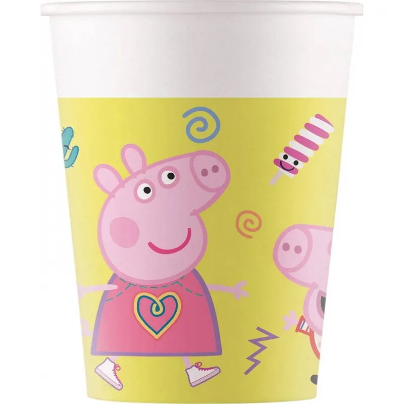 Papírové kelímky 200 ml s motivem prasátka Pepy, balení 8 ks, vhodné na nápoje na dětské party