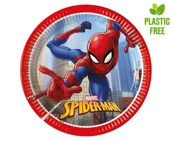 Papírové talíře s potiskem Spidermana o průměru 20 cm, balení 8 ks, značka Procos, vhodné na dětské party