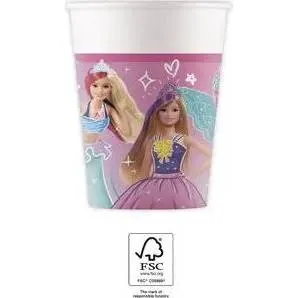 Papírové kelímky s motivem Barbie o objemu 200 ml, balení 8 kusů, značka Procos, vhodné na dětské oslavy