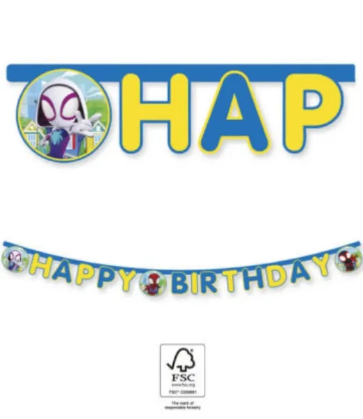 Narozeninový nápis Happy Birthday s motivem Spidey a jeho přátel o délce 300 cm pro dětskou oslavu