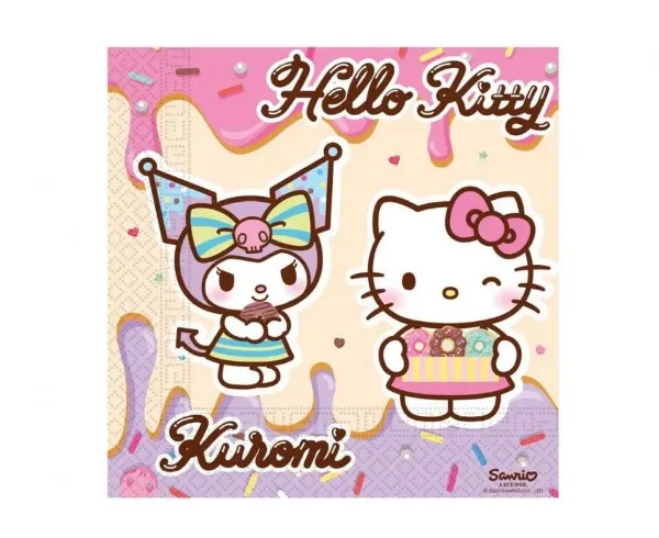Papírové ubrousky s motivy Hello Kitty a Kuromi, 20 ks, značka Procos, vhodné na tematickou oslavu