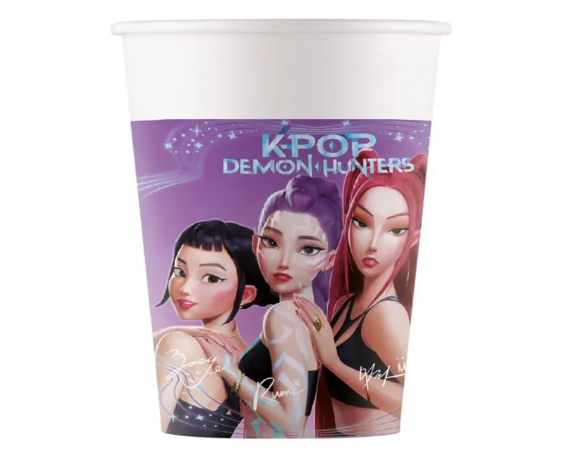 Papírové kelímky s motivy K-POP Demon Hunters o objemu 200 ml, balení 8 kusů pro tematickou party