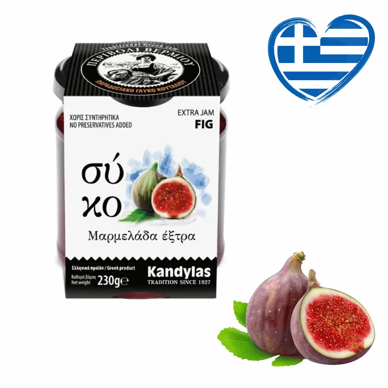 Řecký fíkový džem Kandylas extra s vysokým podílem ovoce v skleněné sklenici 230 g
