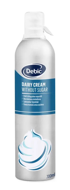 Neslazená šlehačka 35 % ve spreji Debic o objemu 700 ml pro rychlé zdobení dortů a dezertů