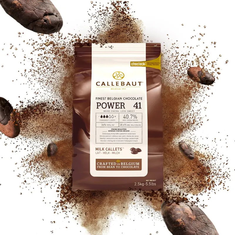 Mléčná belgická čokoláda Callebaut Power 41 v pecičkách, 2,5 kg, vhodná na polevy, krémy a ganache
