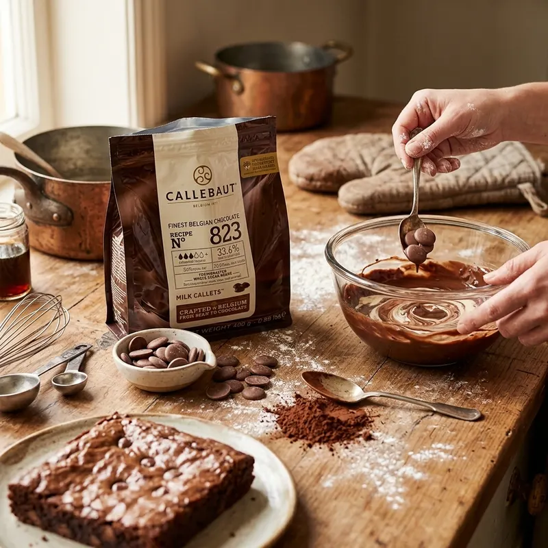 Mléčná čokoláda Callebaut 823 v peletkách, 400 g, vhodná na pečení, polevy a krémy