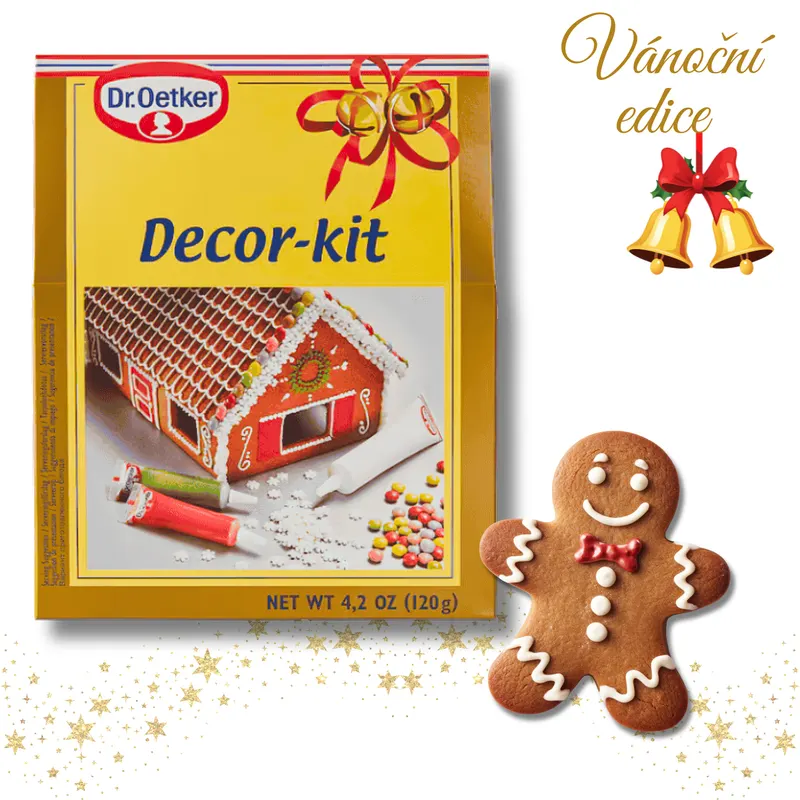 Dekorační sada na perníčky od značky Dr. Oetker s bílou, zelenou a červenou polevou a jedlými ozdobami