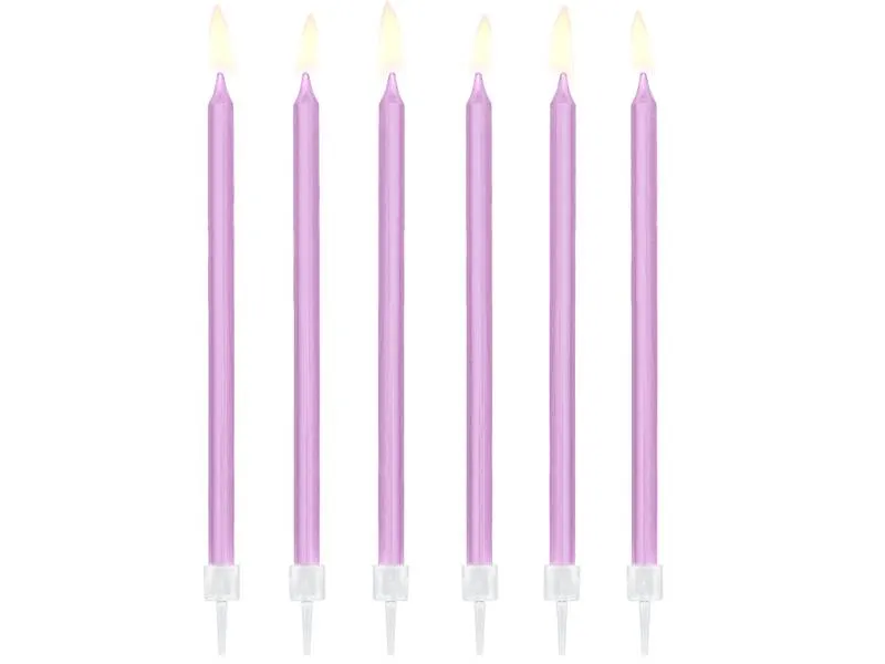Dlouhé světle fialové svíčky PartyDeco v balení 12 kusů, výška 14 cm, na zdobení dortů a oslav