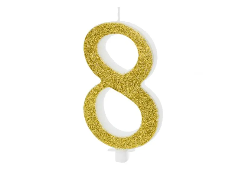 Zlatá dortová svíčka ve tvaru číslice 8 značky PartyDeco, výška 10 cm, vhodná na oslavu osmých narozenin