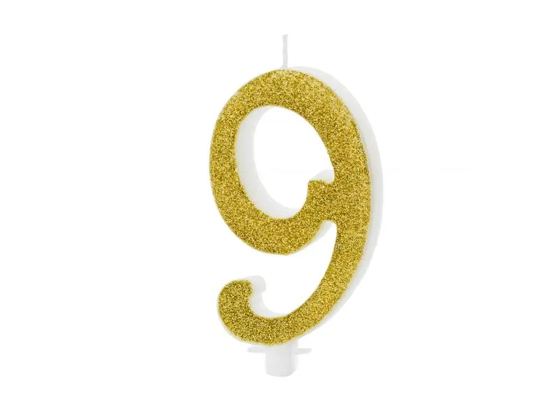 Zlatá dortová svíčka ve tvaru číslice 9 od značky PartyDeco, vysoká 10 cm, vhodná na narozeninové dorty a oslavy