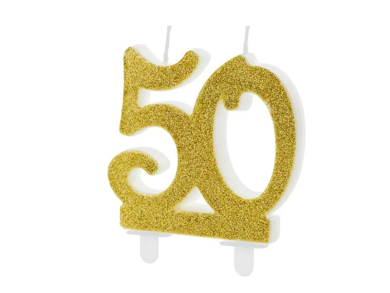 Zlatá dortová svíčka číslo 50 od značky PartyDeco pro oslavu padesátin nebo jubilea