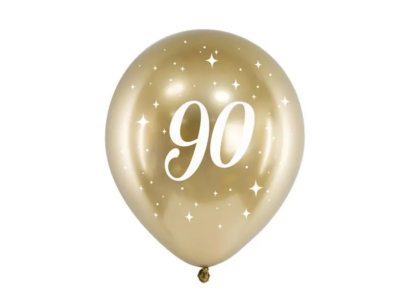Zlaté lesklé fóliové balónky PartyDeco s číslem 90, sada 6 kusů pro oslavy jubileí
