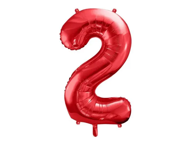 Červený foliový balónek ve tvaru čísla 2 od značky PartyDeco, velikost 86 cm, vhodný na narozeninovou párty