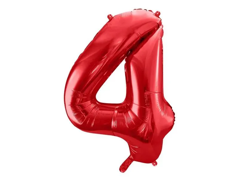 Červený foliový balónek ve tvaru číslice 4 o výšce 86 cm značky PartyDeco na narozeninovou oslavu