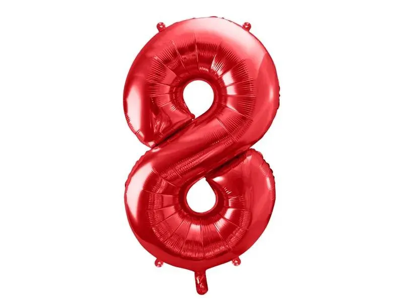 Červený fóliový balónek ve tvaru čísla 8 od značky PartyDeco, výška 86 cm, k dekoraci narozenin a výročí