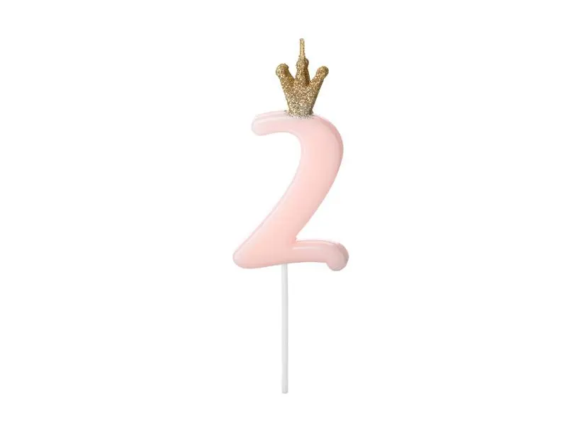 Růžová svíčka číslice 2 s korunkou značky PartyDeco na dort k narozeninám