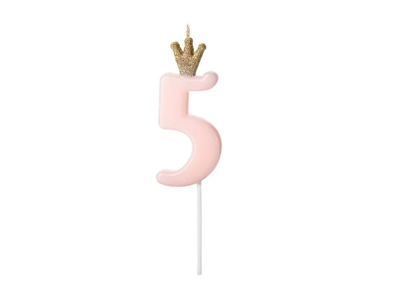 Růžová svíčka číslo 5 s korunkou od značky PartyDeco na zdobení dortu k narozeninám