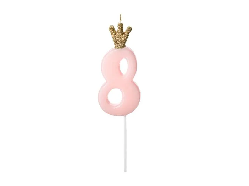 Růžová dortová svíčka PartyDeco ve tvaru číslice 8 s korunkou pro osmé narozeniny