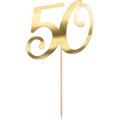 Zlatý zápich do dortu PartyDeco ve tvaru číslice 50 pro oslavu padesátin nebo jubilea