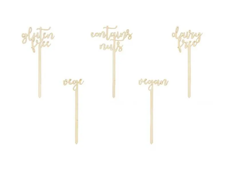 Dřevěné informační zápichy PartyDeco s popisky Vege, Vegan a Gluten Free do zákusků, sada 5 kusů