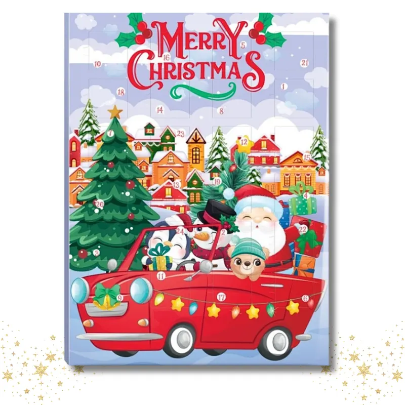 Adventní kalendář s 24 okénky s figurkami z mléčné čokolády, vánoční motiv Merry Christmas