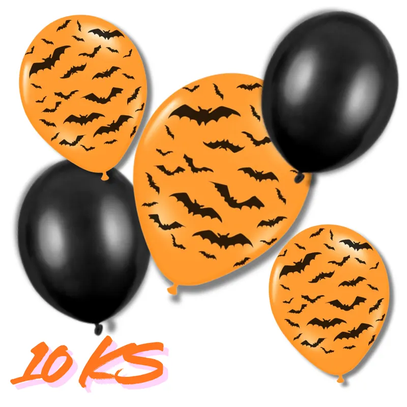 Oranžový latexový balonek s černými siluetami netopýrů pro halloweenskou party, průměr 30 cm, balení 10 kusů
