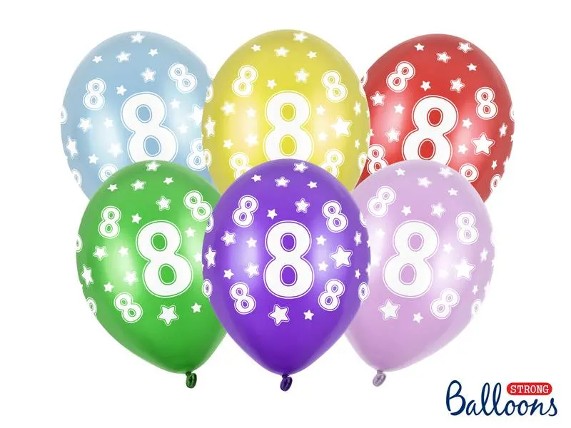Metalické balónky PartyDeco s číslem 8 pro oslavu osmých narozenin, sada 6 kusů v náhodných barvách
