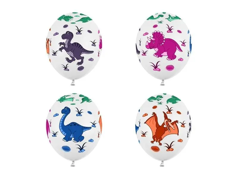 Bílé nafukovací balónky PartyDeco s motivem dinosaurů, sada 6 kusů o průměru 30 cm na dětskou oslavu