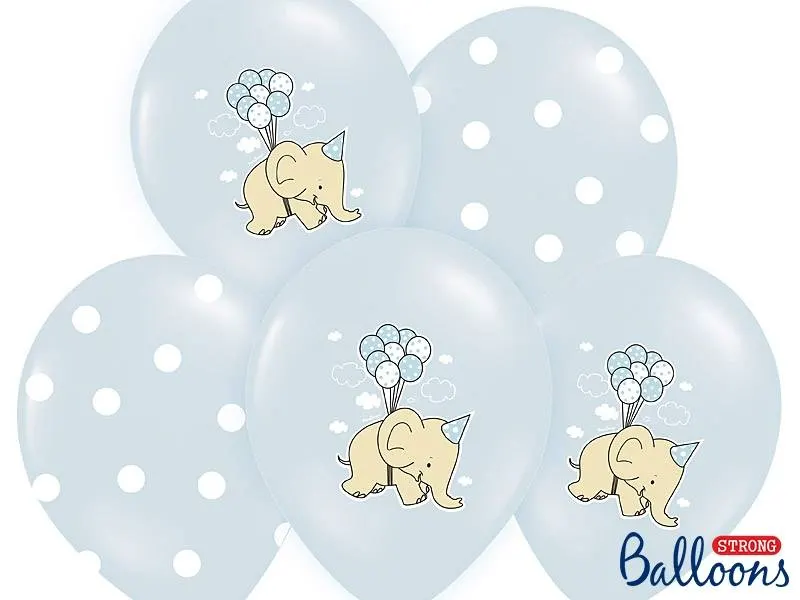 Balónky PartyDeco se slony v pastelově modré barvě, sada 6 kusů o velikosti 30 cm na dětské oslavy a party