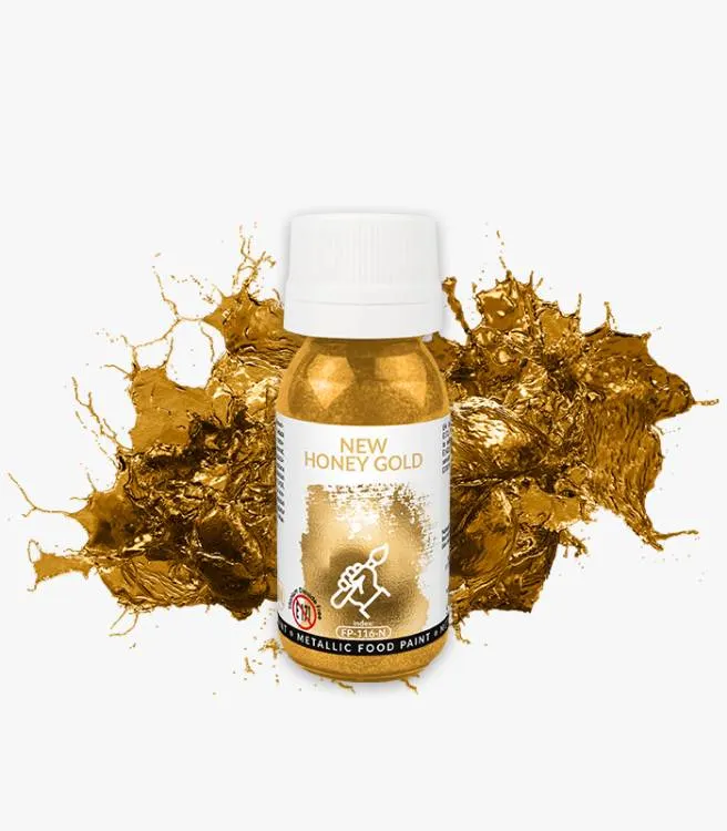 Tekutá metalická jedlá barva Food Colours New Honey Gold v objemu 18 ml pro zlaté zdobení dortů a dezertů