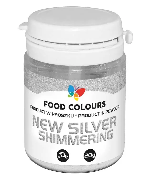 Jedlá prachová perleťová barva Food Colours v odstínu New Silver na zdobení dortů a cukrářských výrobků