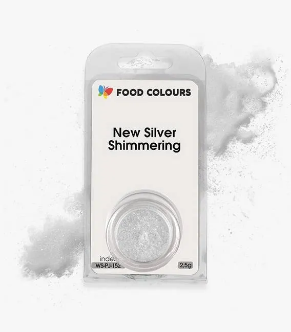 Jedlá prachová perleťová barva Food Colours v stříbrném odstínu New Silver Shimmering na zdobení dortů a dezertů